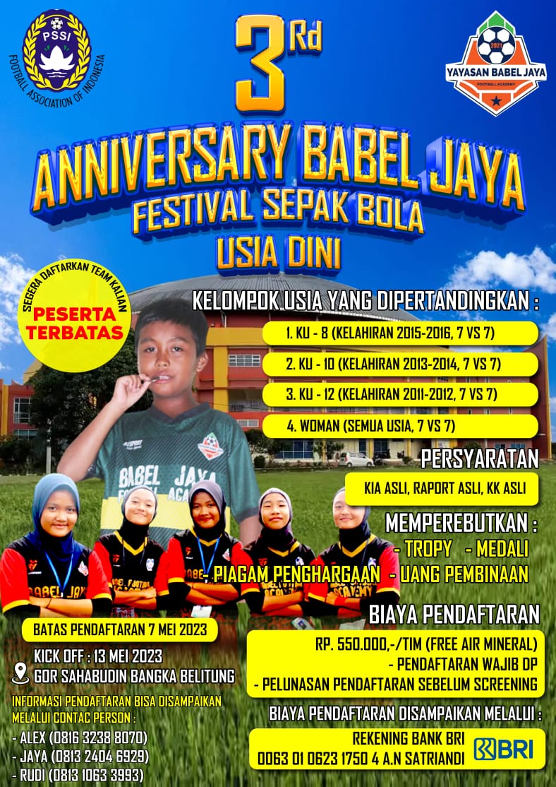 Jelang Anniversary ke-3 tahun, Babel Jaya Football Academy gelar Festival Sepak Bola Usia Dini dan Woman