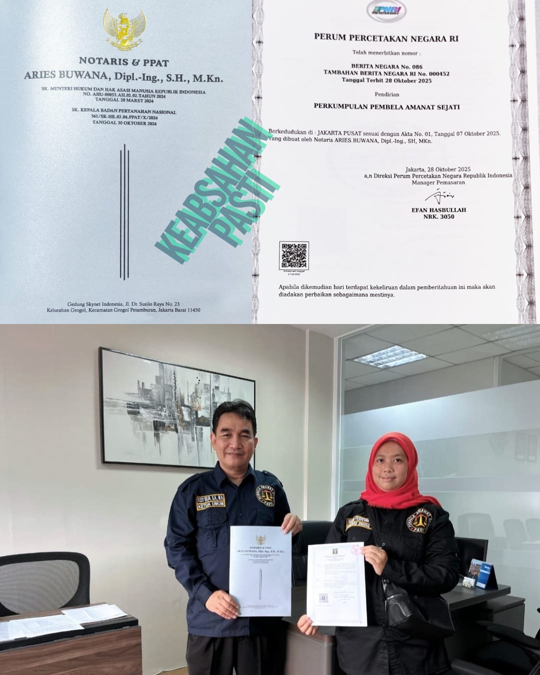 Organisasi PEMBELA AMANAT SEJATI (PASTI) Telah Memiliki Legalitas Kekuatan Hukum.